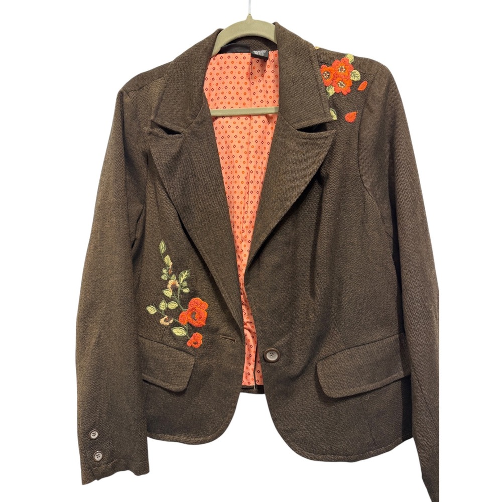 Mixit Woman Brown Herringbone Blazer Embroidered Floral Accents‎ Lapel Collar